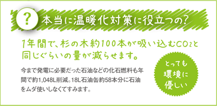 本当に温暖化対策に役立つの？一年間で、杉の木約100本が吸い込むCO2と同じぐらいの量が減らせます。